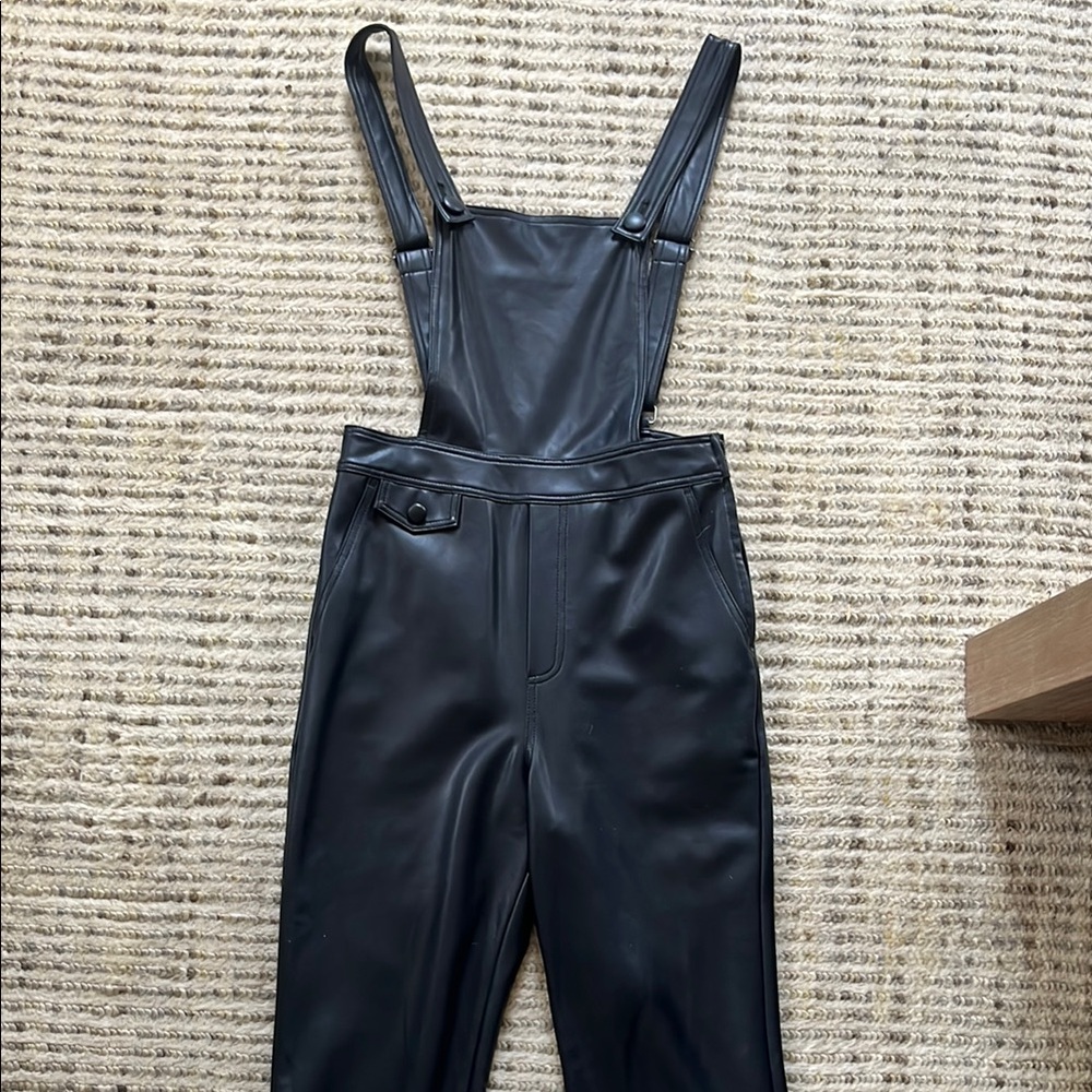 Anthropologie Black Faux Leather Jumpsuit Overalls
